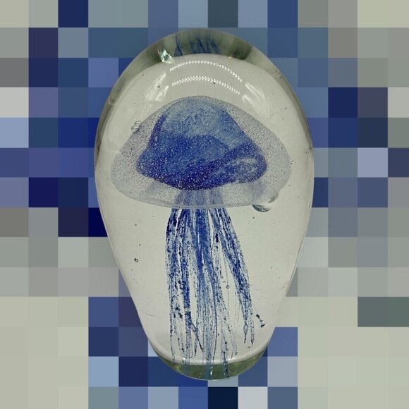 Art Glass Mouth Blown Sapphire Jellyfish Handmade 6"High Paperweight Collectible - Picture 6 of 16